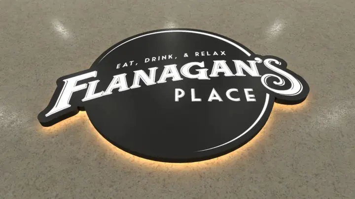 Flanagan's Place shaped halo-lit sign face during a light test
