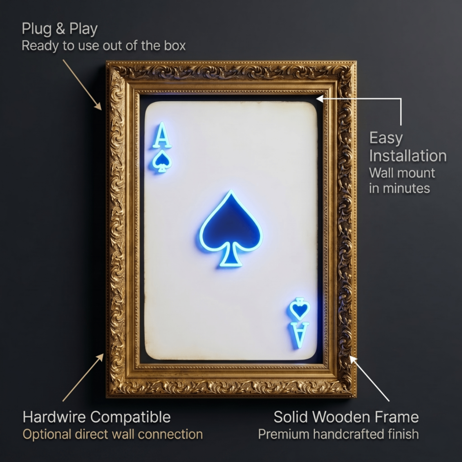 Close-up of framed illuminated artwork construction and mounting details
