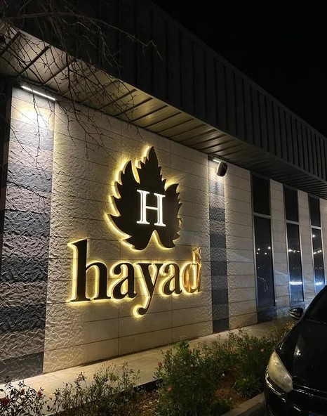 Hayad halo-lit metal letters and leaf emblem on an exterior stone facade at night