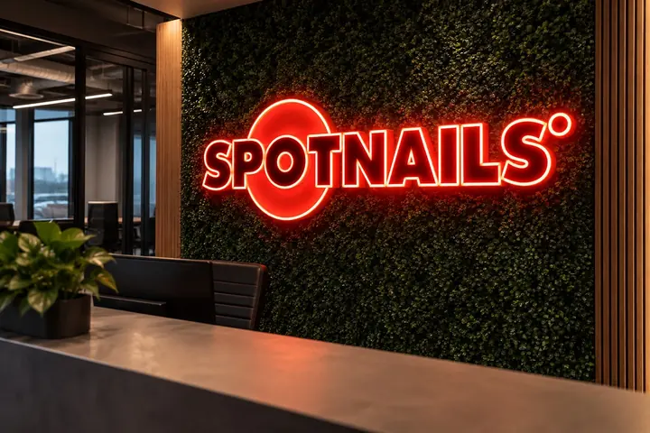 Spotnails red LED neon logo sign on a greenery wall above an office reception desk